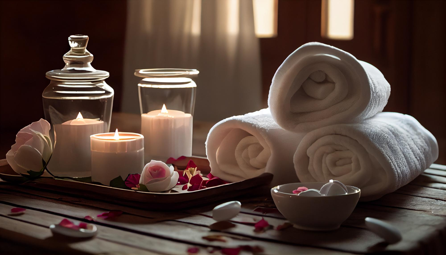 Luxury aromatherapy spa treatment with scented candle flame, showcasing relaxation and ambiance at Sesen Skin Body Wellness.